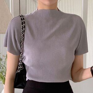 EveryMorning Pleated Half-Neck Short Sleeved Grey Blouse